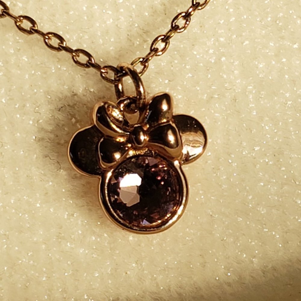 stamped DISNEY Rose Gold Pink October Birthstone Minnie Mouse Pendant 18" chain.